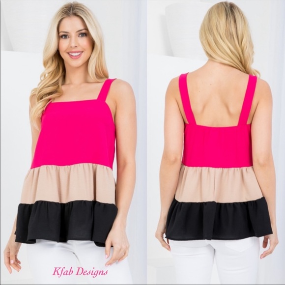 Tops - ❤️LAST 1! Fuchsia Square Neckline Tiered Ruffle Color Block Top!